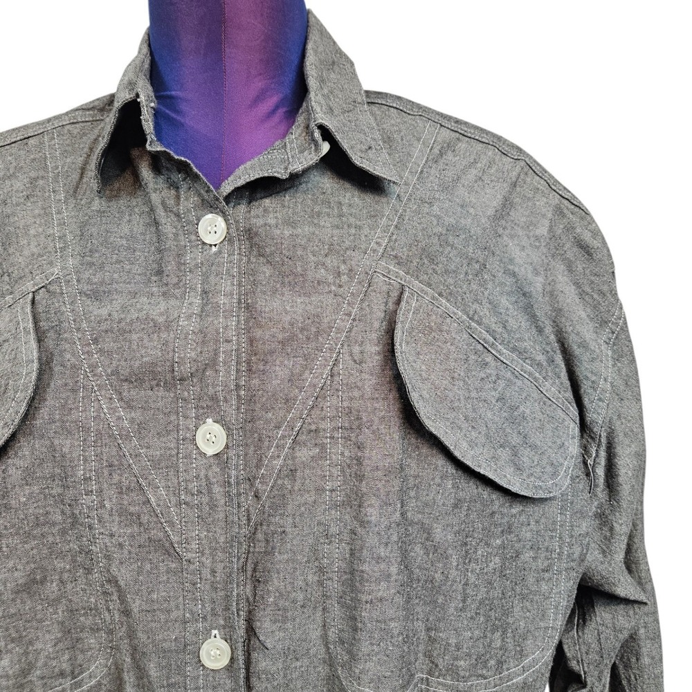 Vintage Avon Fashions Gray Cotton Western Button Down Shirt Flap Pockets Size 14 - Picture 2 of 7